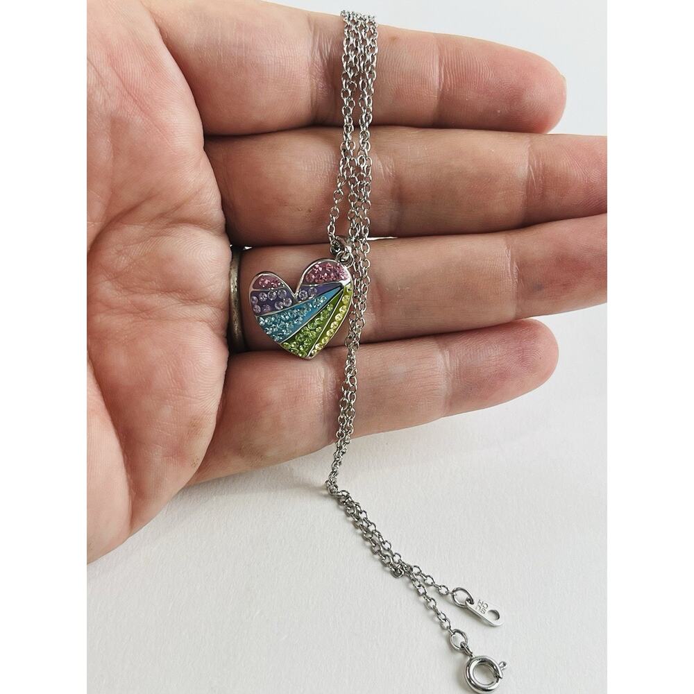 Rainbow Heart Silver Tone Necklace Pendant Angled Pastel CZ Cubic Zirconia Kohls - Picture 5 of 16